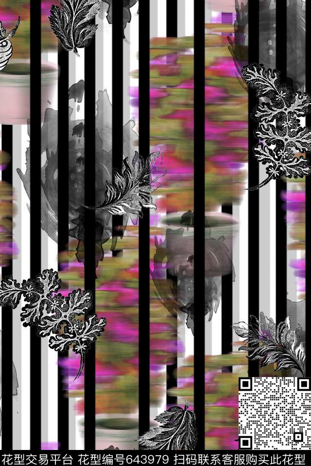 01-5.tif - 643979 - 竖条 条纹 黑白树叶 - 数码印花花型 － 男装花型设计 － 瓦栏