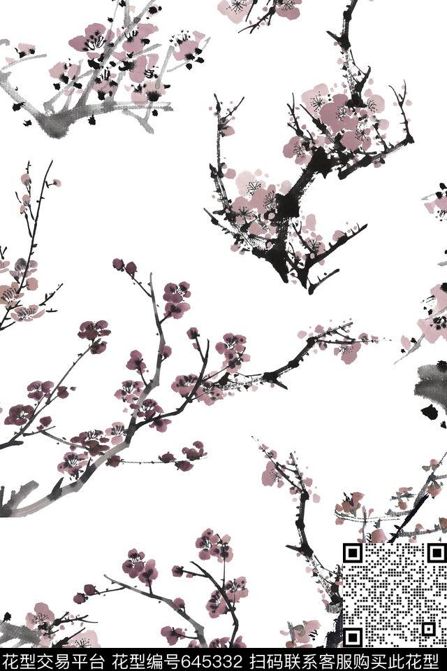 中国风梅花.jpg - 645332 - 水墨 女装 国画 - 传统印花花型 － 女装花型设计 － 瓦栏