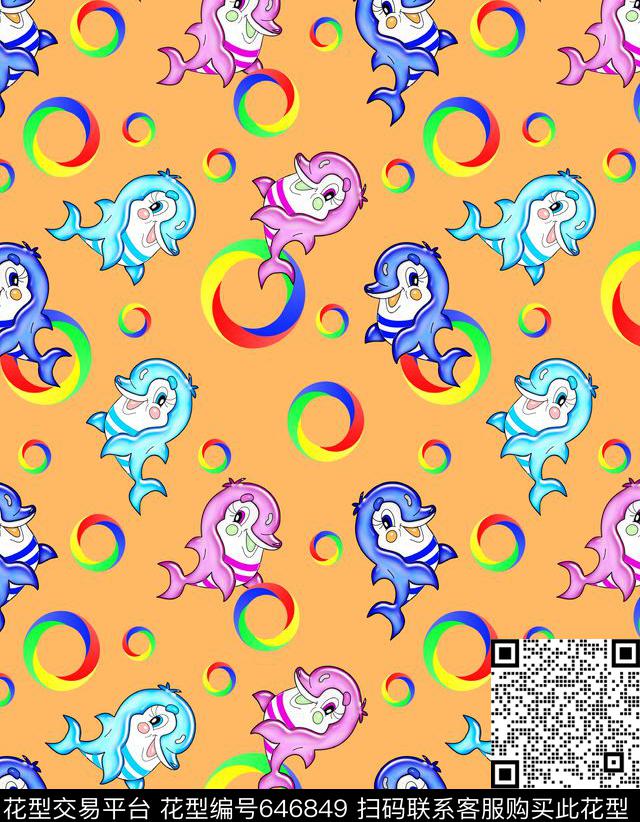 手绘卡通小海豚 彩色圈圈.jpg - 646849 - 婴童 卡通 海豚彩色圈圈 - 传统印花花型 － 童装花型设计 － 瓦栏