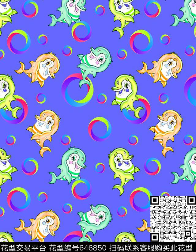 手绘卡通小海豚 彩色圈圈--2.jpg - 646850 - 婴童 卡通 海豚彩色圈圈 - 传统印花花型 － 童装花型设计 － 瓦栏
