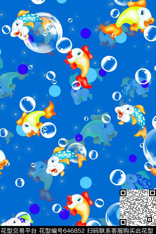 手绘可爱卡通鱼吐泡泡--2.jpg - 646852 - 婴童 卡通 海豚彩色圈圈 - 数码印花花型 － 童装花型设计 － 瓦栏