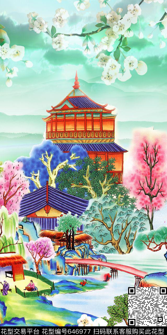 ym98-10.tif - 646977 - 手绘 水彩 中国风 - 数码印花花型 － 女装花型设计 － 瓦栏