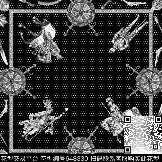 黑白中世纪骑士方巾.jpg - 648330 - 黑白 骑士 波点 - 传统印花花型 － 方巾花型设计 － 瓦栏