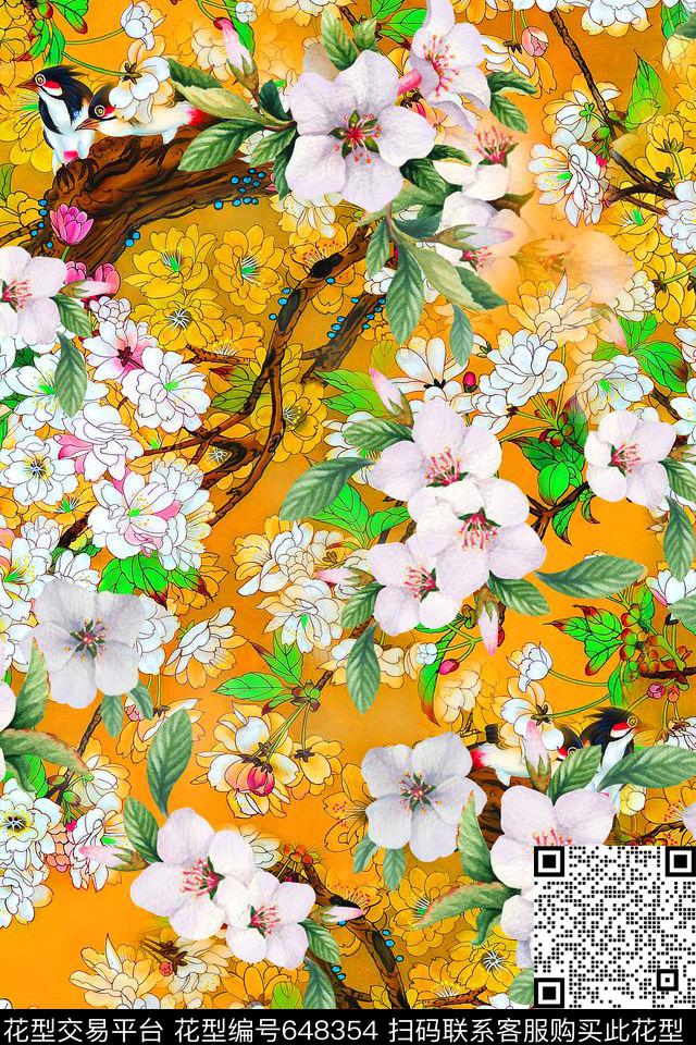 中国风工笔杏花花鸟画1-1.jpg - 648354 - 中国风 杏花 樱花 - 数码印花花型 － 女装花型设计 － 瓦栏