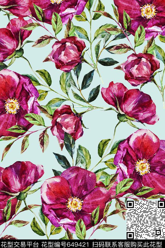 沙发布手绘花卉.jpg - 649421 - 沙发布 手绘 花卉 - 数码印花花型 － 沙发布花型设计 － 瓦栏