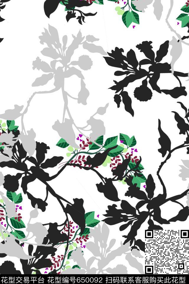 01-1.tif - 650092 - 热带 树叶 小花 - 数码印花花型 － 女装花型设计 － 瓦栏