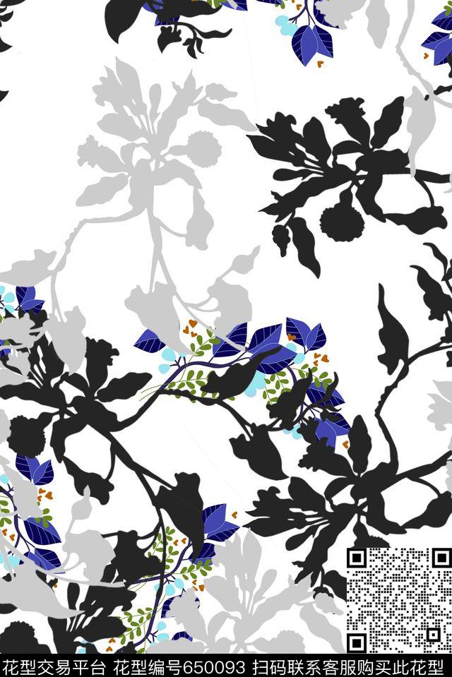 02-1.tif - 650093 - 热带 树叶 小花 - 数码印花花型 － 女装花型设计 － 瓦栏