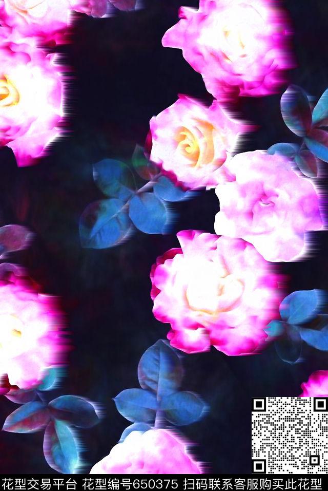 玫瑰花1.jpg - 650375 - 花朵 粉色玫瑰 四方连续 - 数码印花花型 － 女装花型设计 － 瓦栏