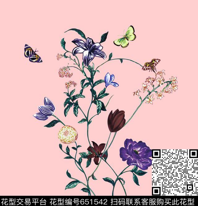 y-sj0017.tif - 651542 - 花卉 花朵 蝴蝶 - 数码印花花型 － 女装花型设计 － 瓦栏