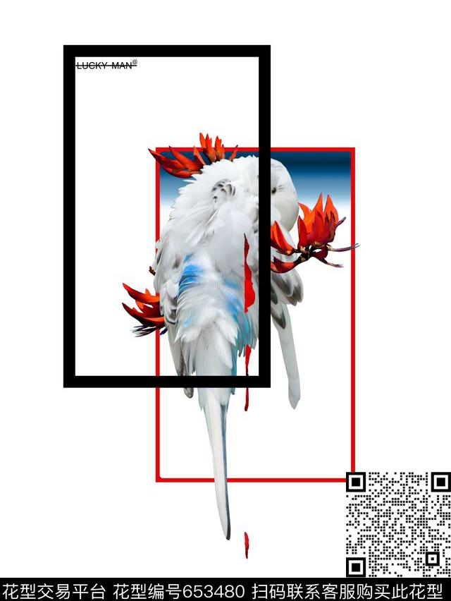 超前时尚-可爱的小鸟鸟.jpg - 653480 - 时尚男士花型鹦鹉热带花结合 适用于卫衣T恤衬衫花型 - 数码印花花型 － 男装花型设计 － 瓦栏
