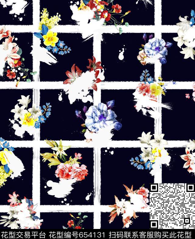 方格涂鸦花卉-A.jpg - 654131 - 小碎花 花卉 涂鸦花卉 - 数码印花花型 － 女装花型设计 － 瓦栏