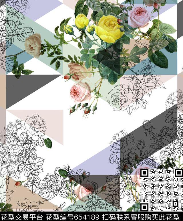 玫瑰几何花卉-B.jpg - 654189 - 优雅清新 花卉 几何玫瑰花卉 - 数码印花花型 － 女装花型设计 － 瓦栏