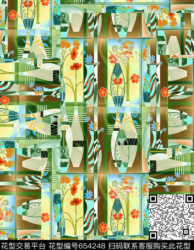 民族风装饰画花瓶1.jpg - 654248 - 花卉 拼接 男女服装 - 数码印花花型 － 男装花型设计 － 瓦栏