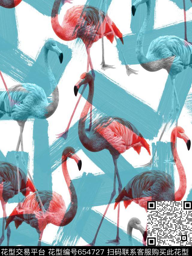 火烈鸟-A.jpg - 654727 - 涂鸦笔刷鸟 创意火烈鸟 水墨鸟 - 数码印花花型 － 女装花型设计 － 瓦栏