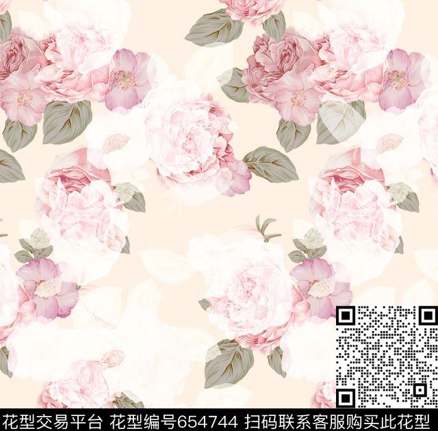 透叠玫瑰-A.jpg - 654744 - 透叠玫瑰 优雅花卉 复古甜美玫瑰花卉 - 传统印花花型 － 女装花型设计 － 瓦栏