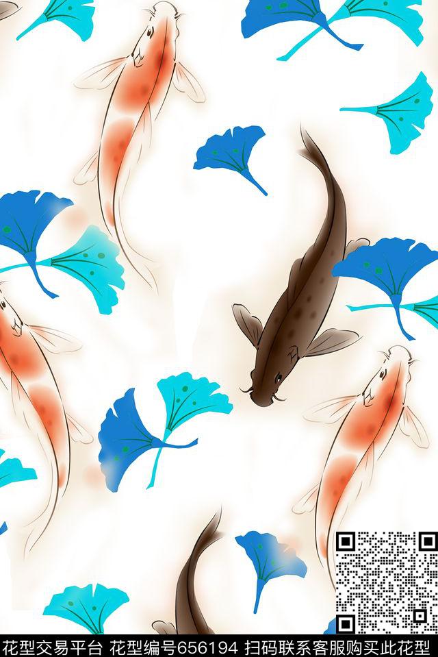 02-2.tif - 656194 - 中国风 杏树叶 鲤鱼 - 数码印花花型 － 女装花型设计 － 瓦栏