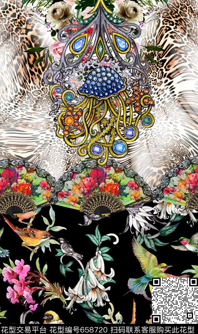 定位豹纹花卉饰品鸟.jpg - 658720 - 定位 豹纹 花卉 - 数码印花花型 － 女装花型设计 － 瓦栏