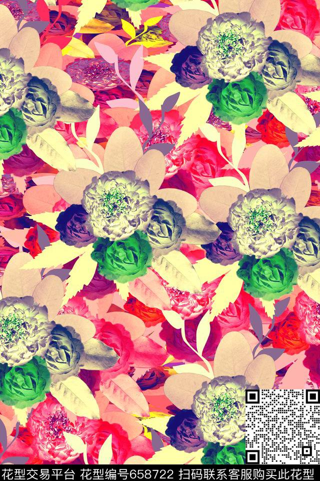 时尚黑白花卉2.jpg - 658722 - 时尚花卉 花卉 女装 - 数码印花花型 － 女装花型设计 － 瓦栏
