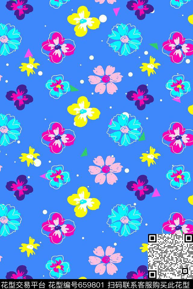 波点三角 手绘可爱花朵.jpg - 659801 - 波点圆点 花朵花纹 卡通 - 传统印花花型 － 童装花型设计 － 瓦栏