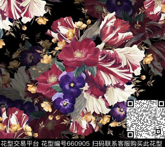 手绘沙发布花卉.jpg - 660905 - 手绘 沙发布 花卉 - 数码印花花型 － 沙发布花型设计 － 瓦栏