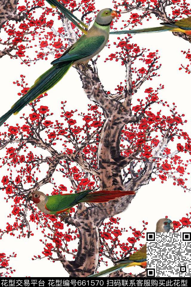 2016-6-28中国风梅花鸟1.jpg - 661570 - 中国风 梅花 鸟 - 数码印花花型 － 女装花型设计 － 瓦栏