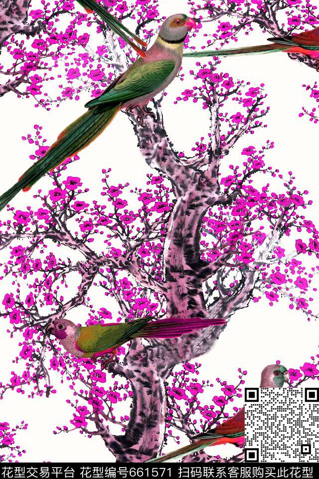 2016-6-28中国风梅花鸟2.jpg - 661571 - 中国风 梅花 鸟 - 数码印花花型 － 女装花型设计 － 瓦栏