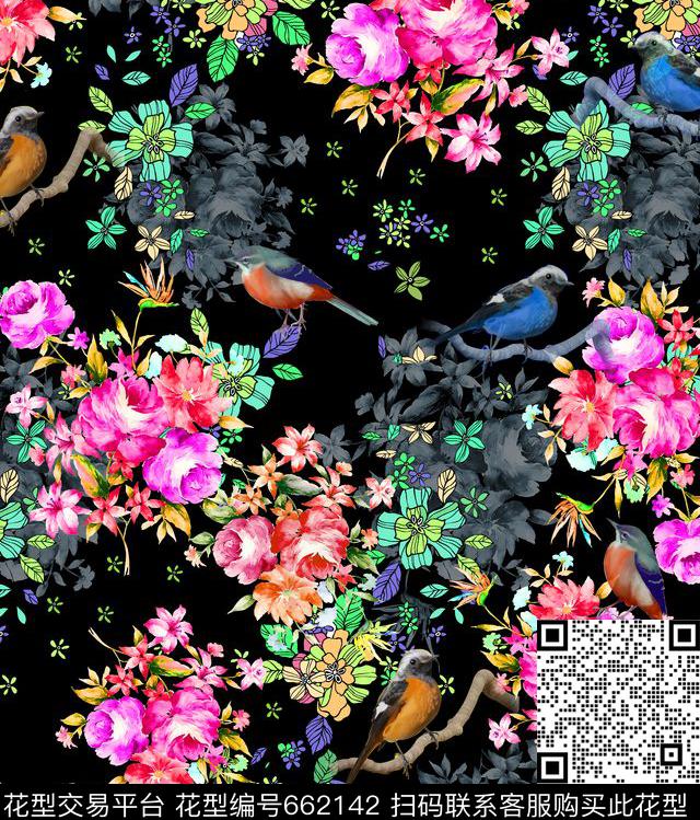 71-1.jpg - 662142 - 牡丹 玫瑰 花鸟 - 传统印花花型 － 女装花型设计 － 瓦栏