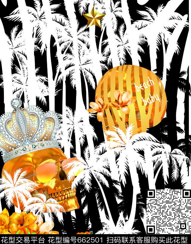 Skull t-shirt.jpg - 662501 - flowers tropical skull - 数码印花花型 － 男装花型设计 － 瓦栏