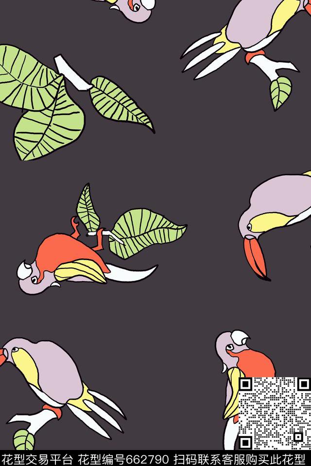 鹦鹉和巨嘴.jpg - 662790 - 女装 热带 鸟类 - 传统印花花型 － 女装花型设计 － 瓦栏