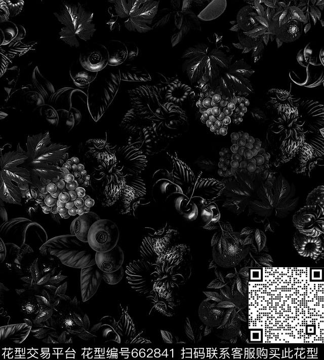 黑白水果花型.jpg - 662841 - 黑白 水果 葡萄 - 数码印花花型 － 女装花型设计 － 瓦栏