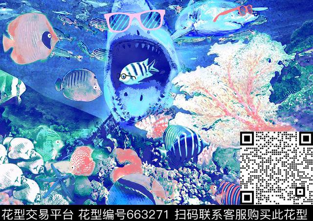 海底世界20160625-Color 2.tif - 663271 - 有关海洋 趣味童裝定位花 鲨鱼 - 数码印花花型 － 童装花型设计 － 瓦栏