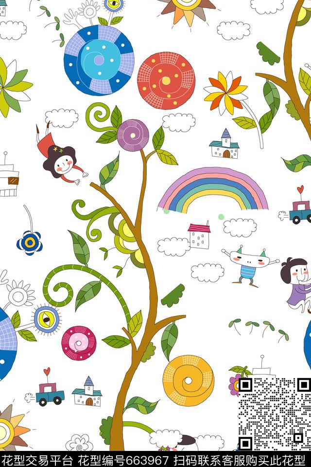 195儿童插画.jpg - 663967 - 婴童 彩虹 树木 - 传统印花花型 － 童装花型设计 － 瓦栏