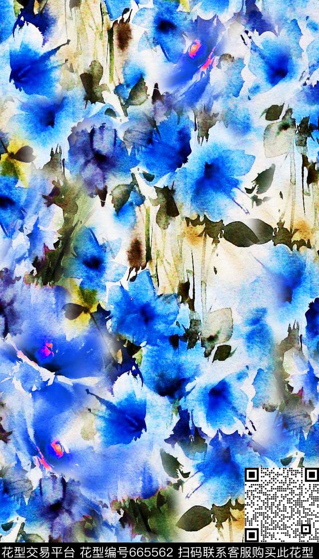 75蓝色水彩花卉 清新.jpg - 665562 - 蓝色 水彩花卉 清新 - 数码印花花型 － 女装花型设计 － 瓦栏