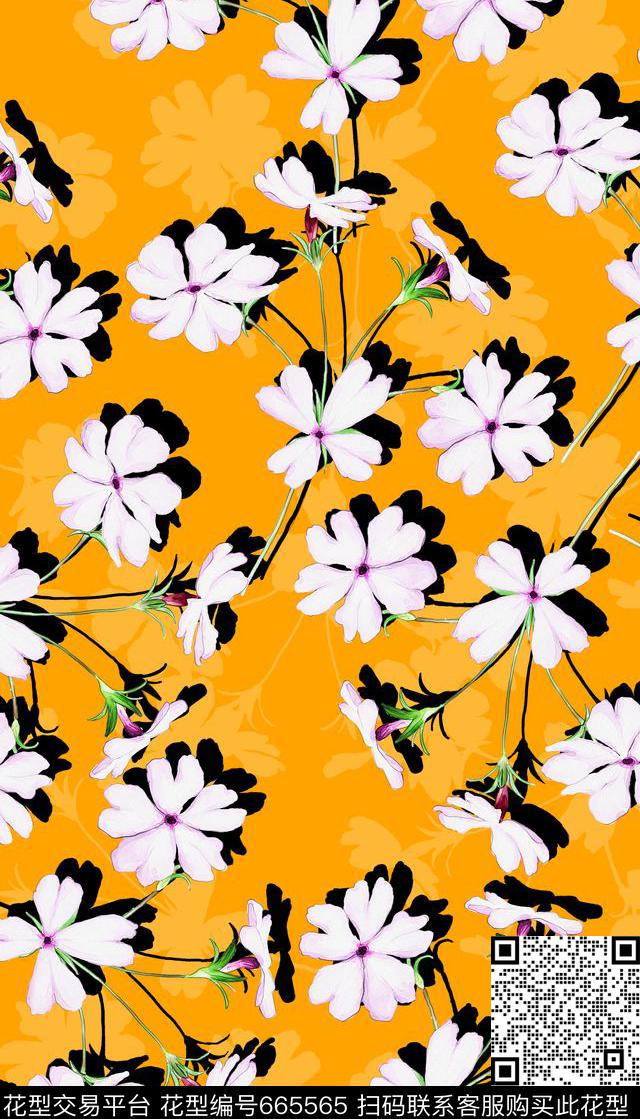 75明亮撞色花卉.jpg - 665565 - 明亮黄色 撞色花卉 - 传统印花花型 － 女装花型设计 － 瓦栏