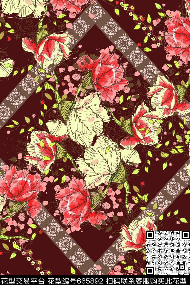 民族风几何花卉 枣红底.jpg - 665892 - 玫瑰 几何 优雅 - 传统印花花型 － 女装花型设计 － 瓦栏