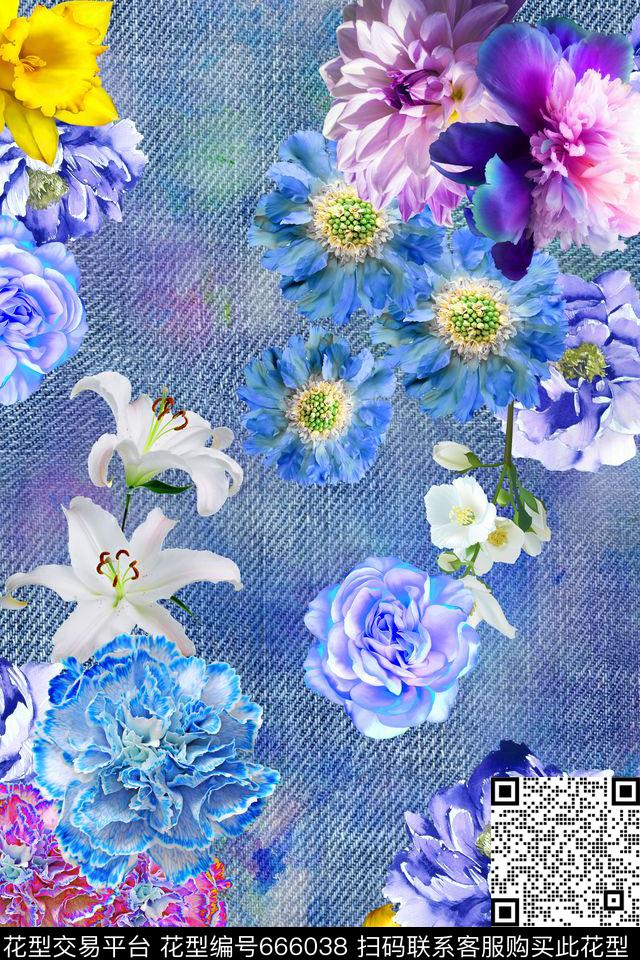 牛仔布纹花卉组合.jpg - 666038 - 牛仔布纹 肌理 花卉 - 数码印花花型 － 女装花型设计 － 瓦栏