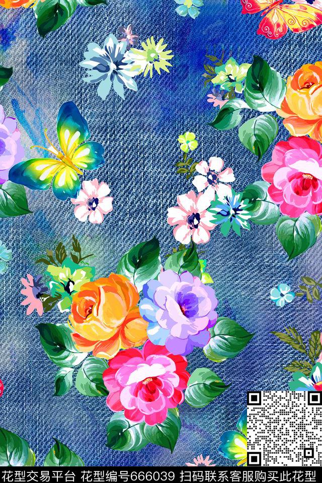 牛仔布纹碎花组合.jpg - 666039 - 牛仔布纹 肌理 花卉 - 数码印花花型 － 女装花型设计 － 瓦栏