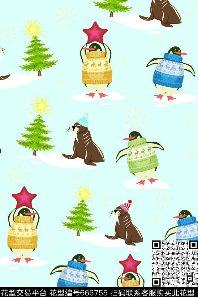 可爱卡通企鹅海豹.jpg - 666755 - 海洋生物 企鹅 - 传统印花花型 － 童装花型设计 － 瓦栏