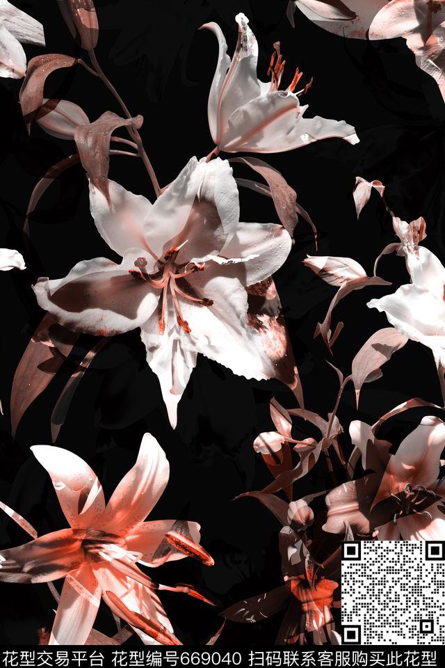 时尚百合花花卉-2.jpg - 669040 - 花卉 百合 黑地 - 数码印花花型 － 女装花型设计 － 瓦栏