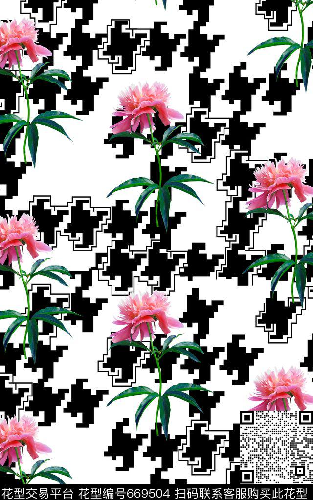 JC16A07H-1.jpg - 669504 - 几何 千鸟格 植物 - 数码印花花型 － 女装花型设计 － 瓦栏
