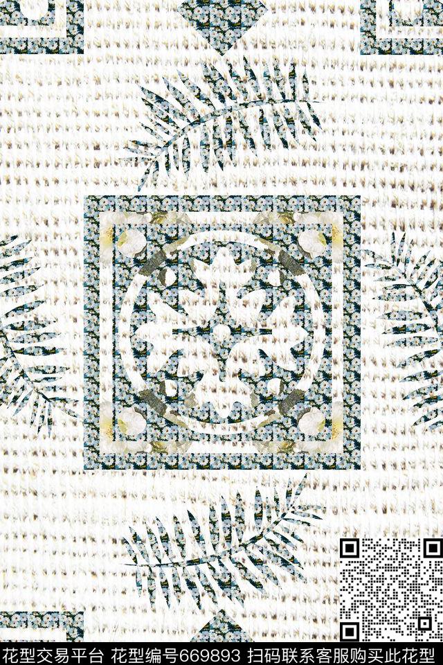 7月13日。.tif - 669893 - 叶子 花卉 几何 - 数码印花花型 － 沙发布花型设计 － 瓦栏