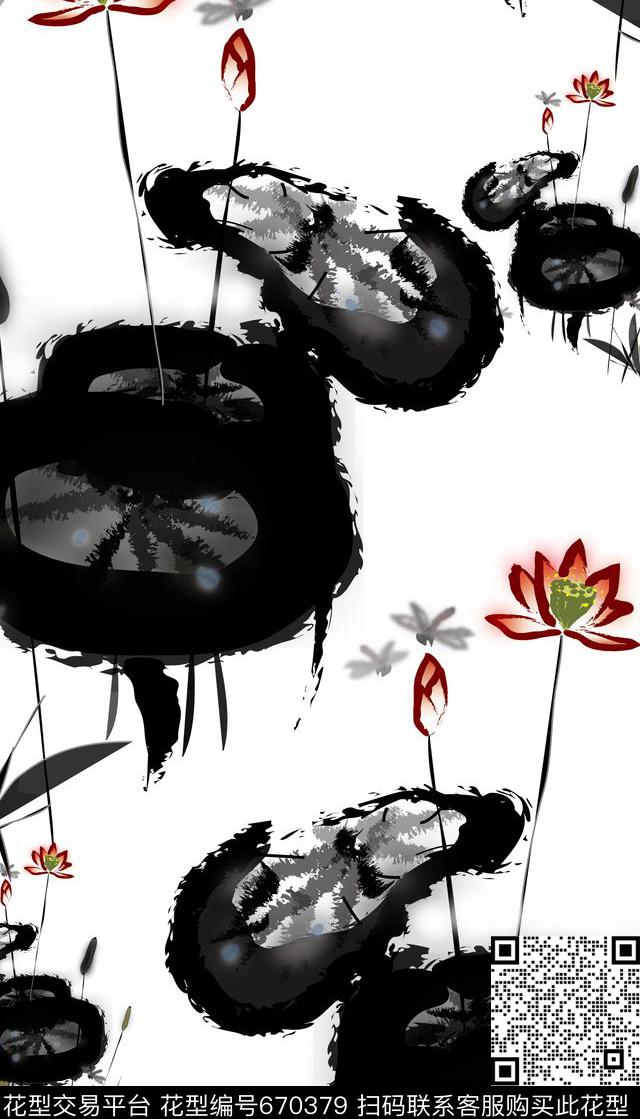 713中国风荷花 水墨 女装.jpg - 670379 - 中国风 荷花 水墨 - 传统印花花型 － 女装花型设计 － 瓦栏
