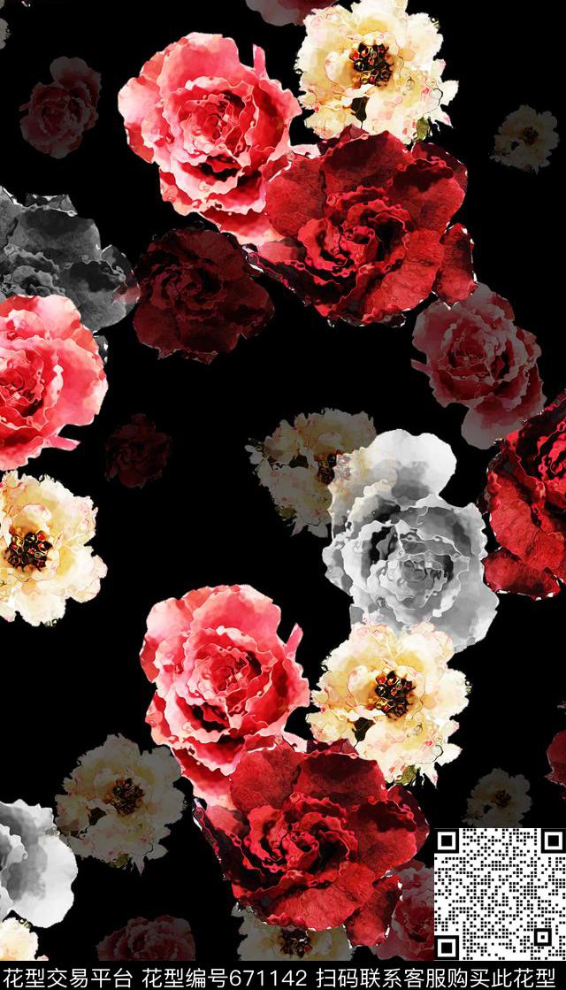 79暗黑花卉玫瑰组合.jpg - 671142 - 暗黑花卉 玫瑰 - 数码印花花型 － 女装花型设计 － 瓦栏