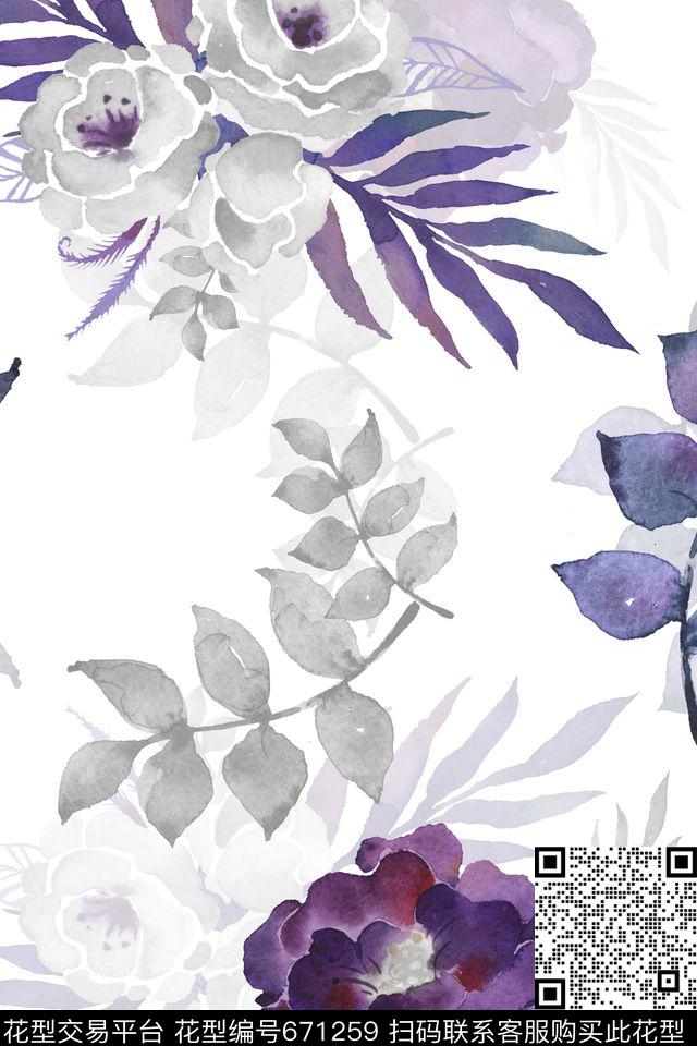 水彩花卉紫色.jpg - 671259 - 花朵 水彩植物 大花 - 数码印花花型 － 女装花型设计 － 瓦栏