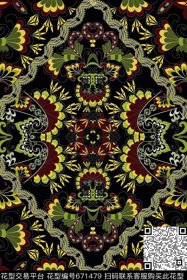 民族风几何花卉系列2 黑底.jpg - 671479 - 中国风 波西米亚 部落 - 传统印花花型 － 女装花型设计 － 瓦栏