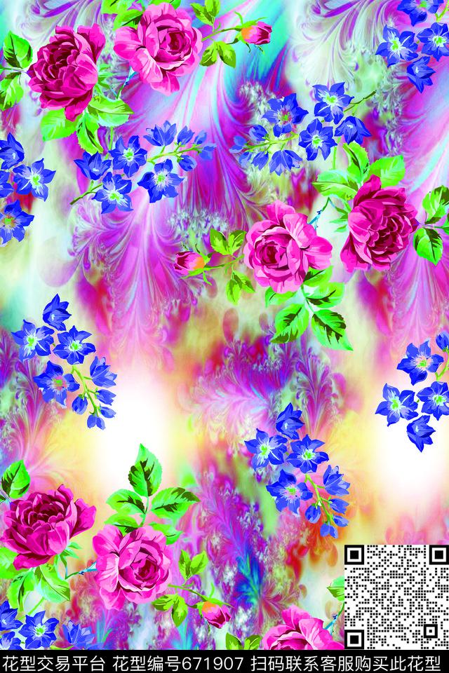 渲染玫瑰.tif - 671907 - 玫瑰 花朵 花卉 - 传统印花花型 － 女装花型设计 － 瓦栏