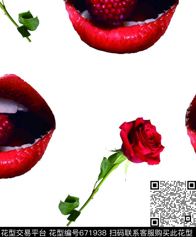 红唇玫瑰.tif - 671938 - 玫瑰 花朵 花卉 - 传统印花花型 － 箱包花型设计 － 瓦栏