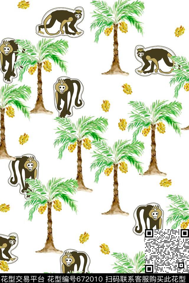 猴子果树.jpg - 672010 - 流行时尚 趣味 椰子树 - 传统印花花型 － 童装花型设计 － 瓦栏