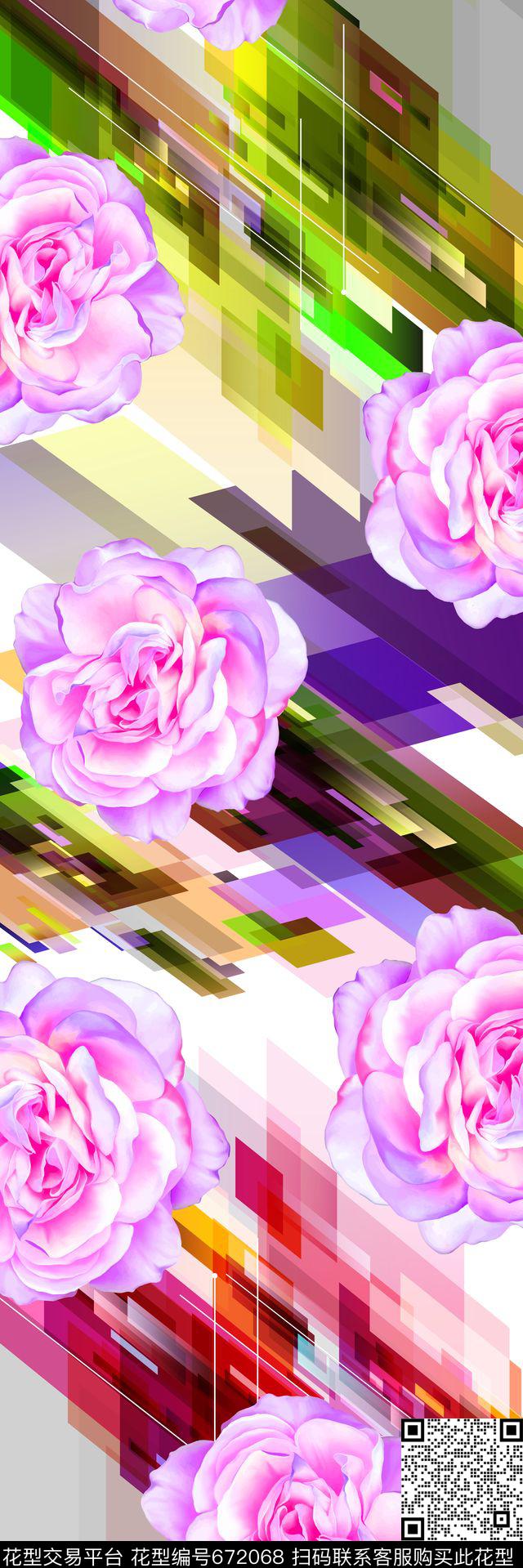 20160722几何和花.jpg - 672068 - 时尚 花卉 梦幻 - 数码印花花型 － 长巾花型设计 － 瓦栏