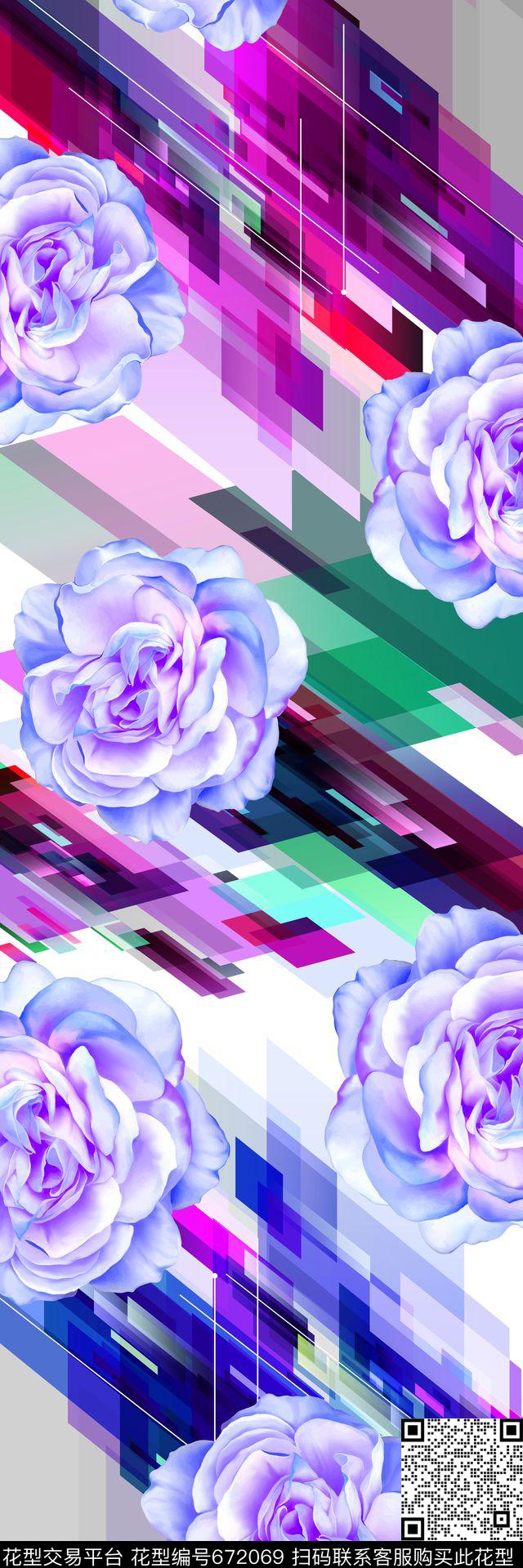 20160722几何和花-2.jpg - 672069 - 时尚 花卉 梦幻 - 数码印花花型 － 长巾花型设计 － 瓦栏
